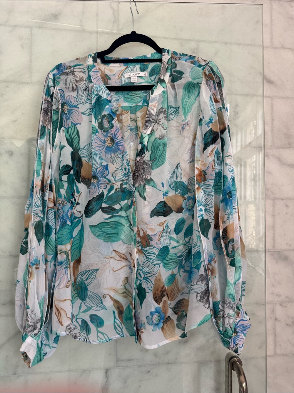 Chico’s Floral Blouse Size 2 US 12 Teal Blue Sheer Long Sleeve Tunic Top